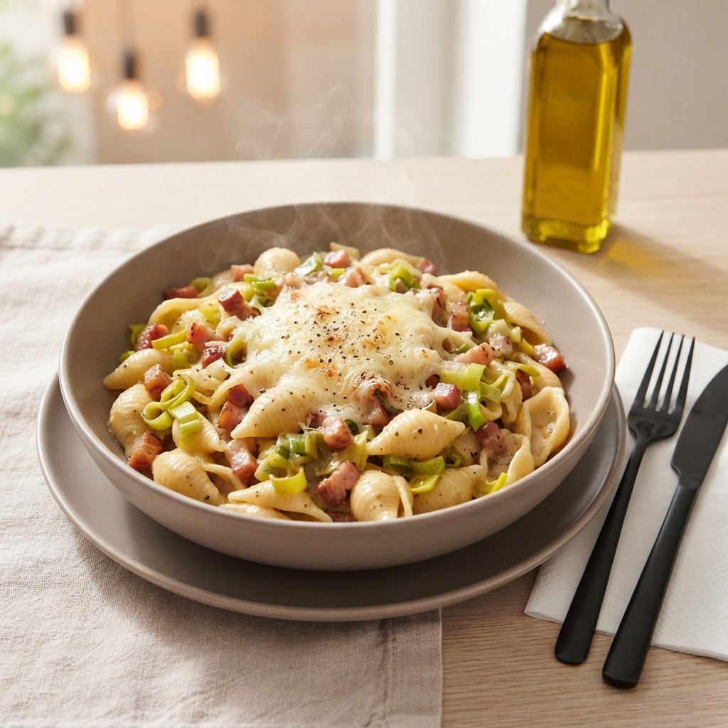 Rustikale Teigwaren-Pfanne mit Speck, Lauch und Bergkäse