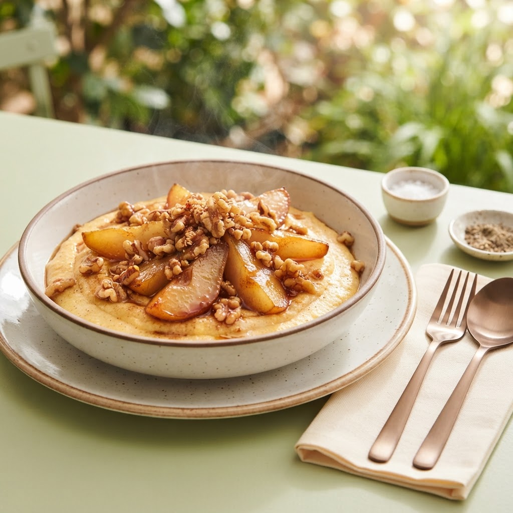Karamellisierte Birnen mit Zimt-Polenta und Walnuss-Crunch