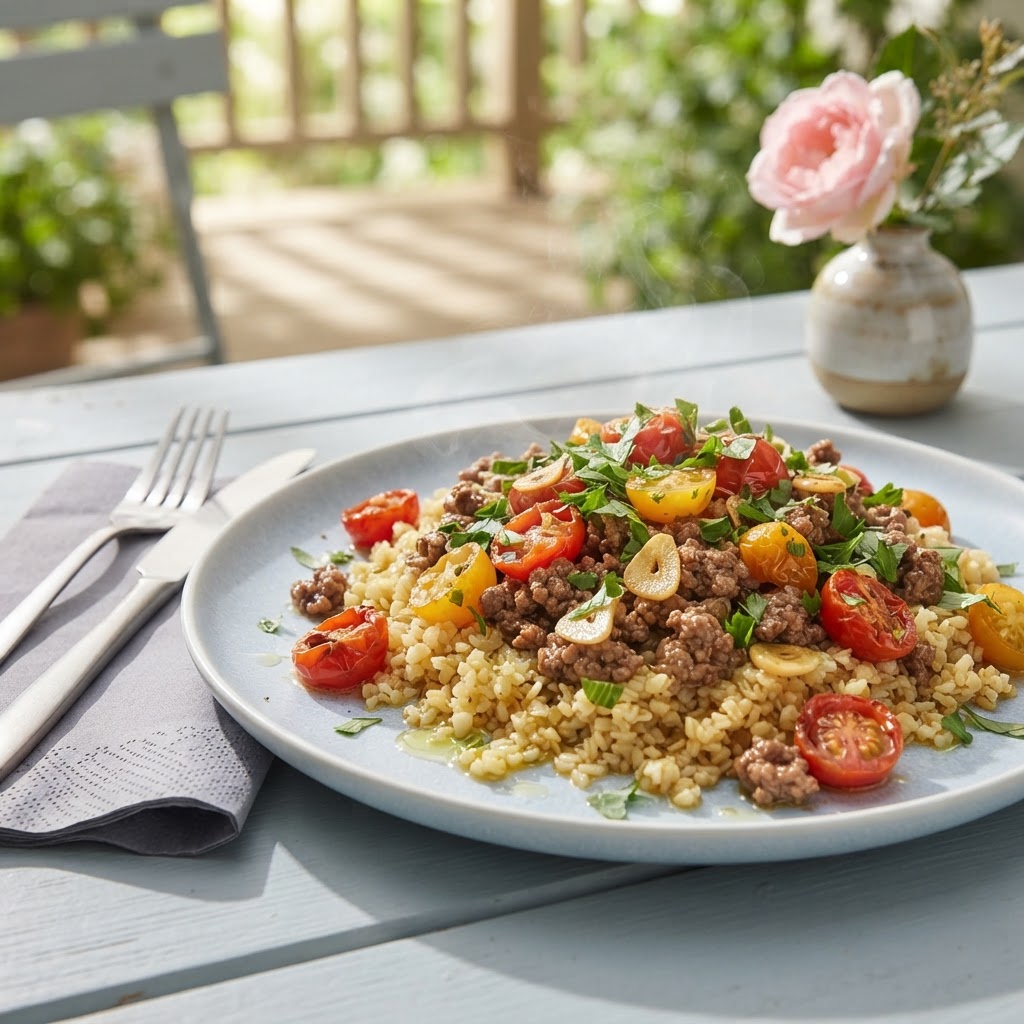 Rustikale Rinder-Pfanne mit sommerlichen Kirschtomaten