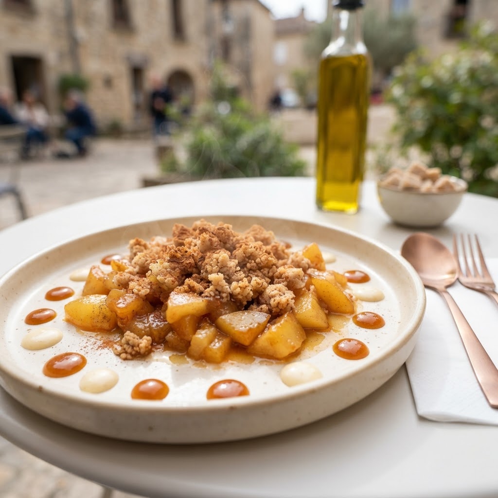 Geschmorte Apfel-Birnen-Pfanne mit Zimt-Dinkel-Streuseln