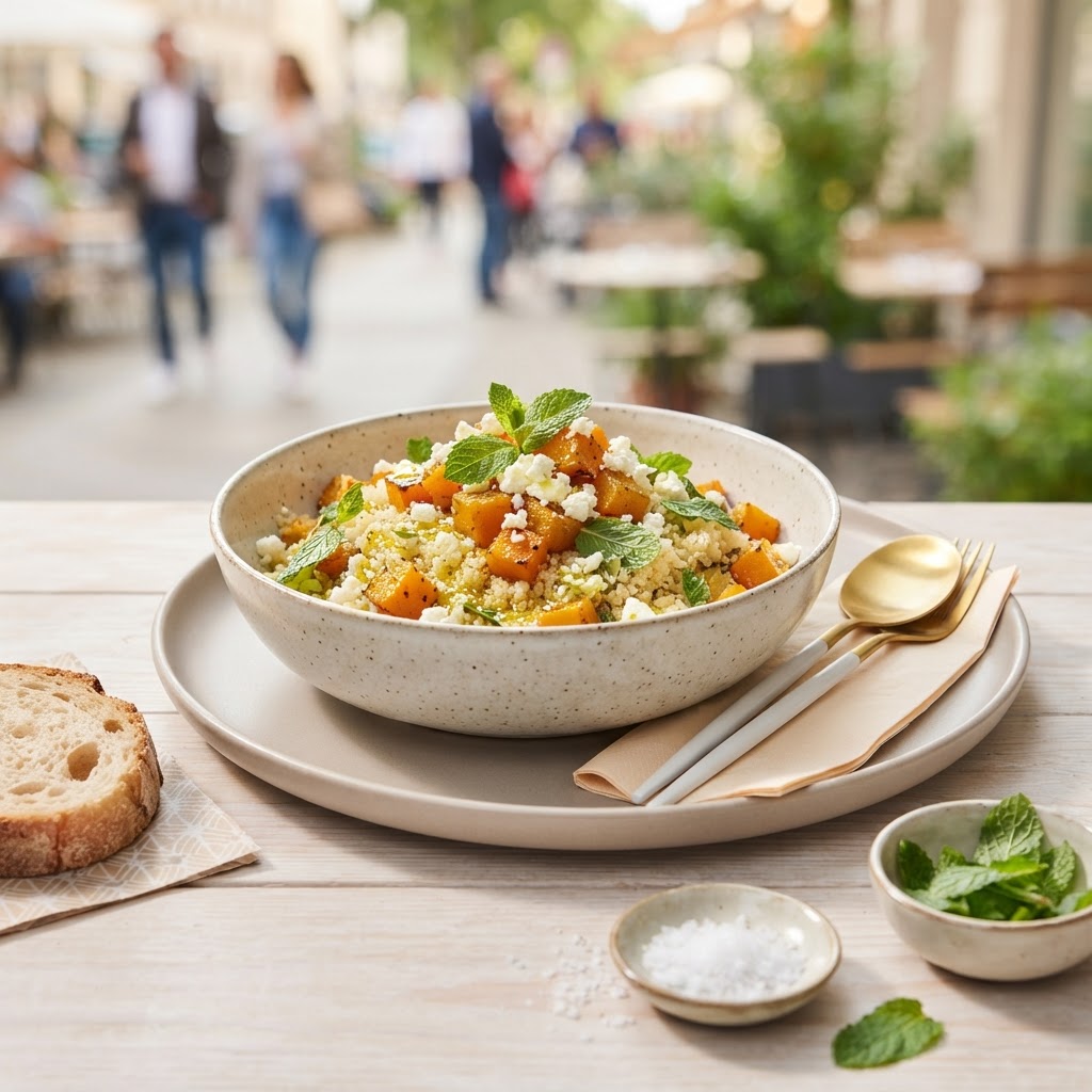 Würzige Kürbis-Couscous-Pfanne mit Feta und Minze
