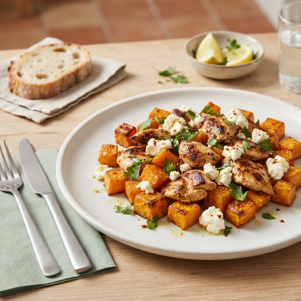 Geröstete Süsskartoffel-Pfanne mit Poulet und Feta