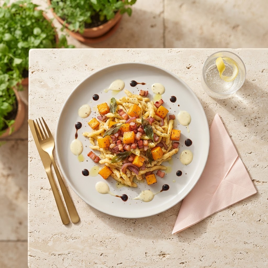Herzhafte Kürbis-Spätzli-Pfanne mit Speck