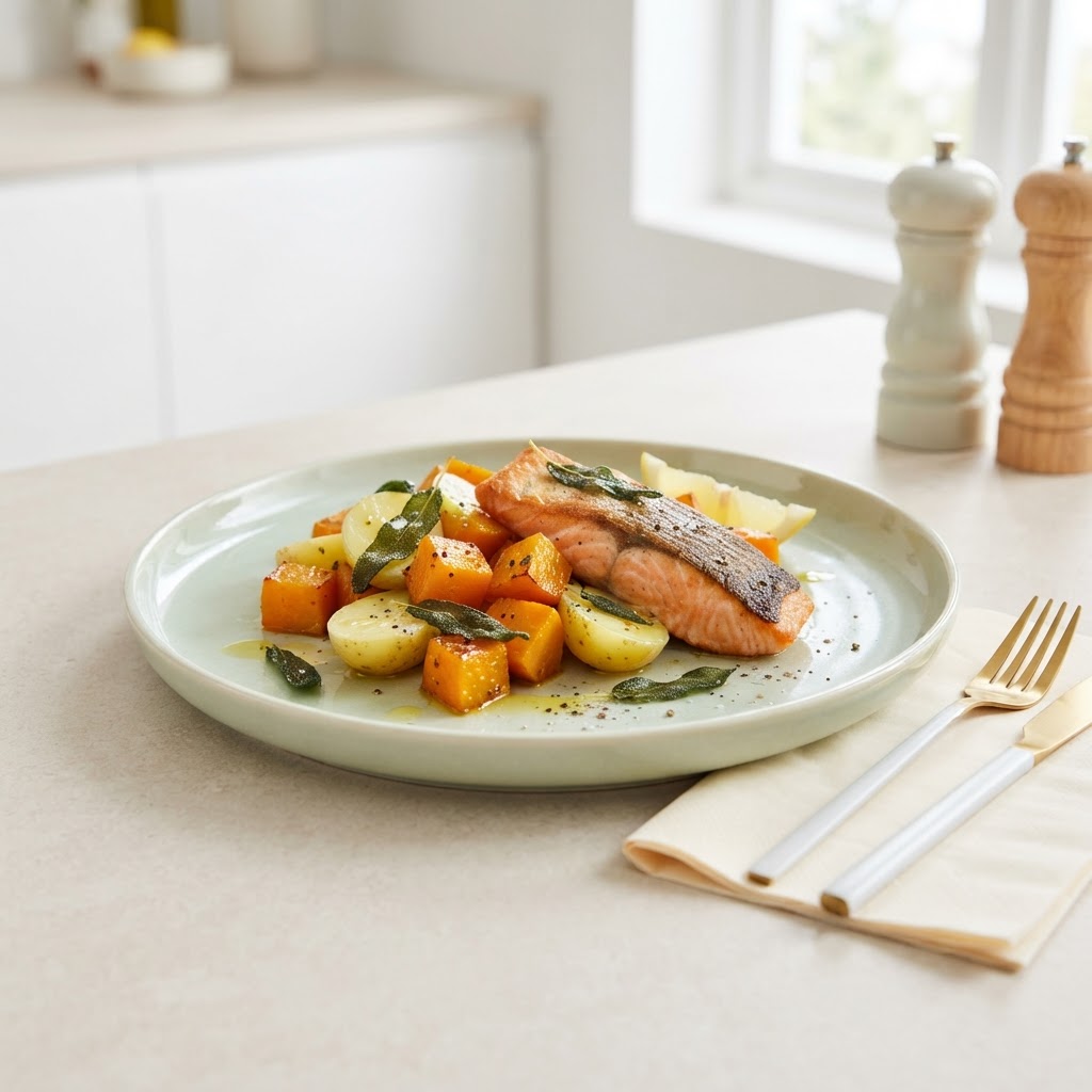 Rustikale Kürbis-Pfanne mit gebratenem Lachs und Salbei