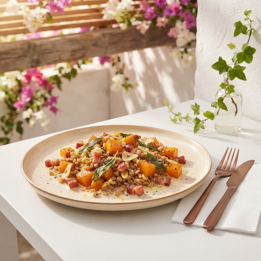Kürbis-Pfannen-Dinkel mit würzigem Speck