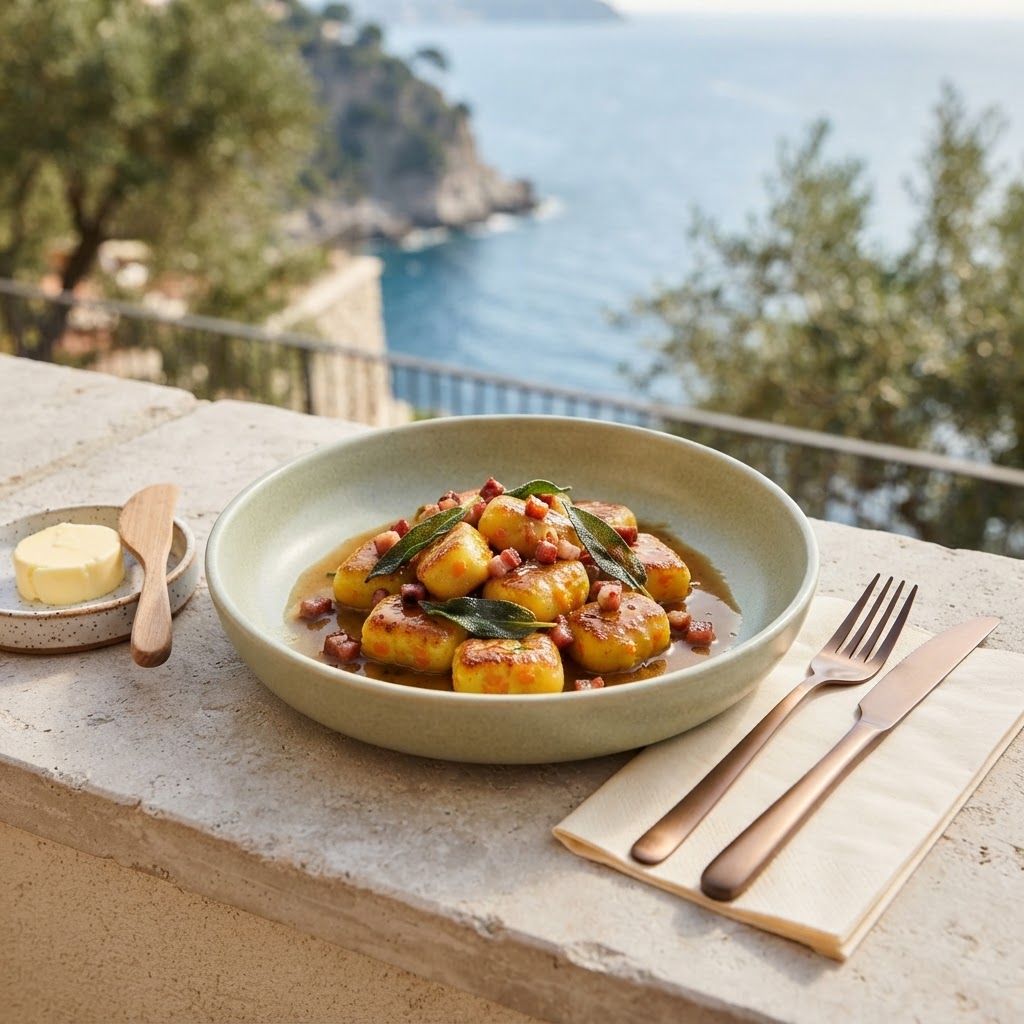 Knusprige Kürbis-Gnocchi mit Salbei-Butter und Speck