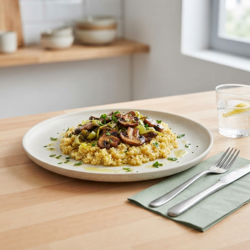 Würzige Hirse-Pfanne mit Lauch und karamellisierten Champignons