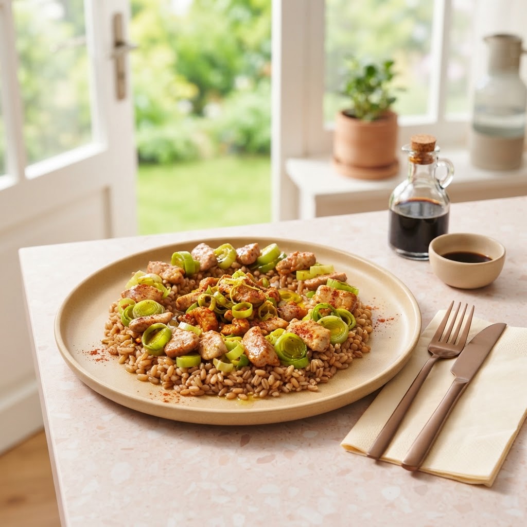 Herzhafte Dinkel-Pfanne mit würzigem Schweinsgeschnetzeltem und Lauch