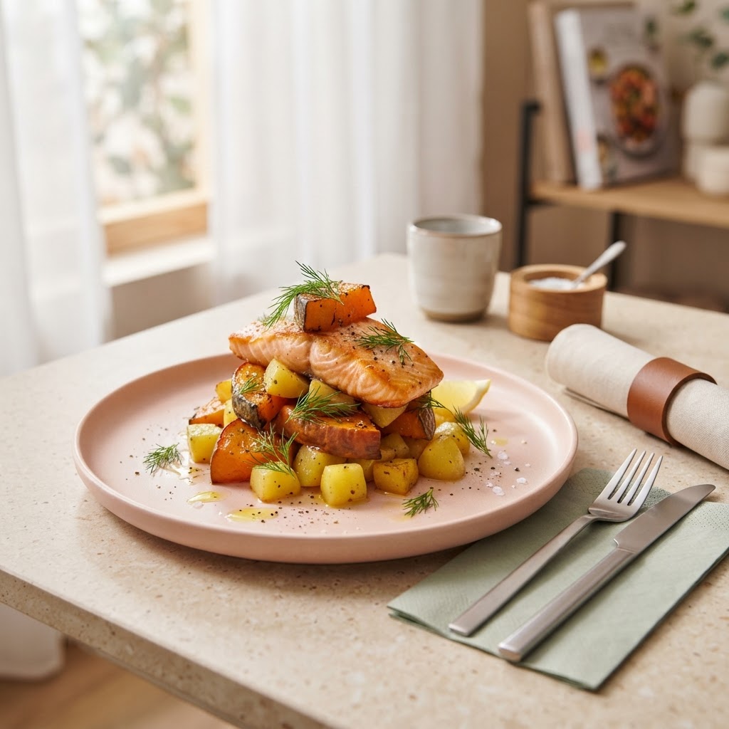 Rustikale Kürbis-Pfanne mit Lachs und frischem Dill