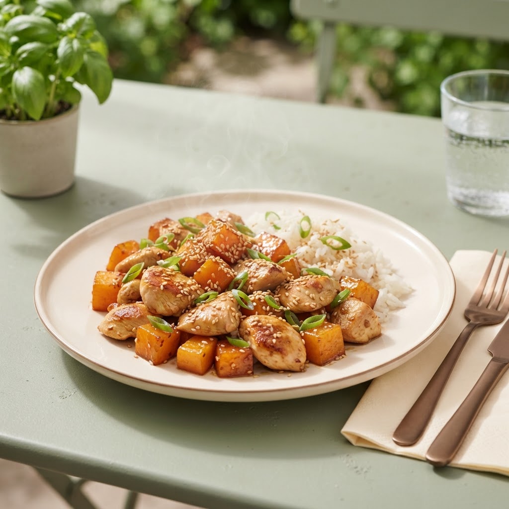 Kürbis-Pfanne mit Poulet und Sesam