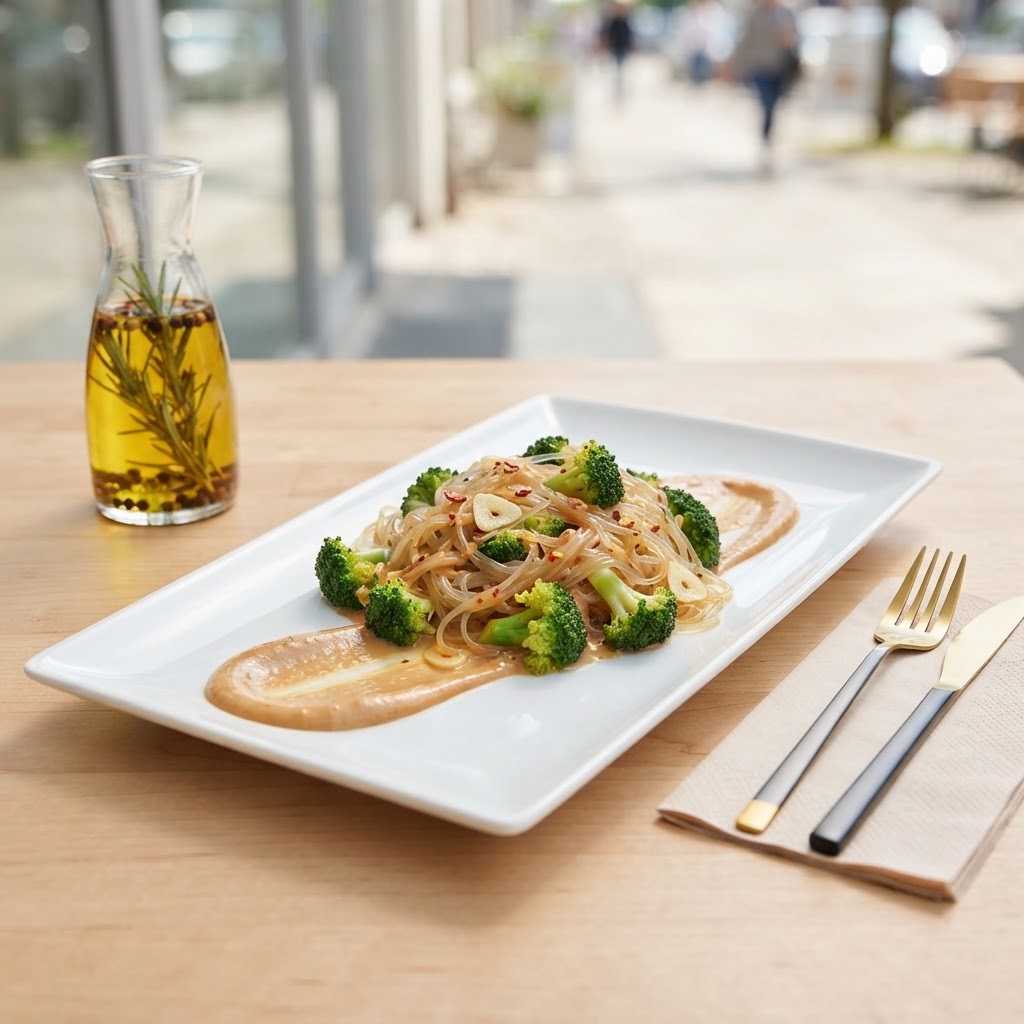 Glasnudelpfanne mit cremigem Erdnuss-Dressing und Brokkoli