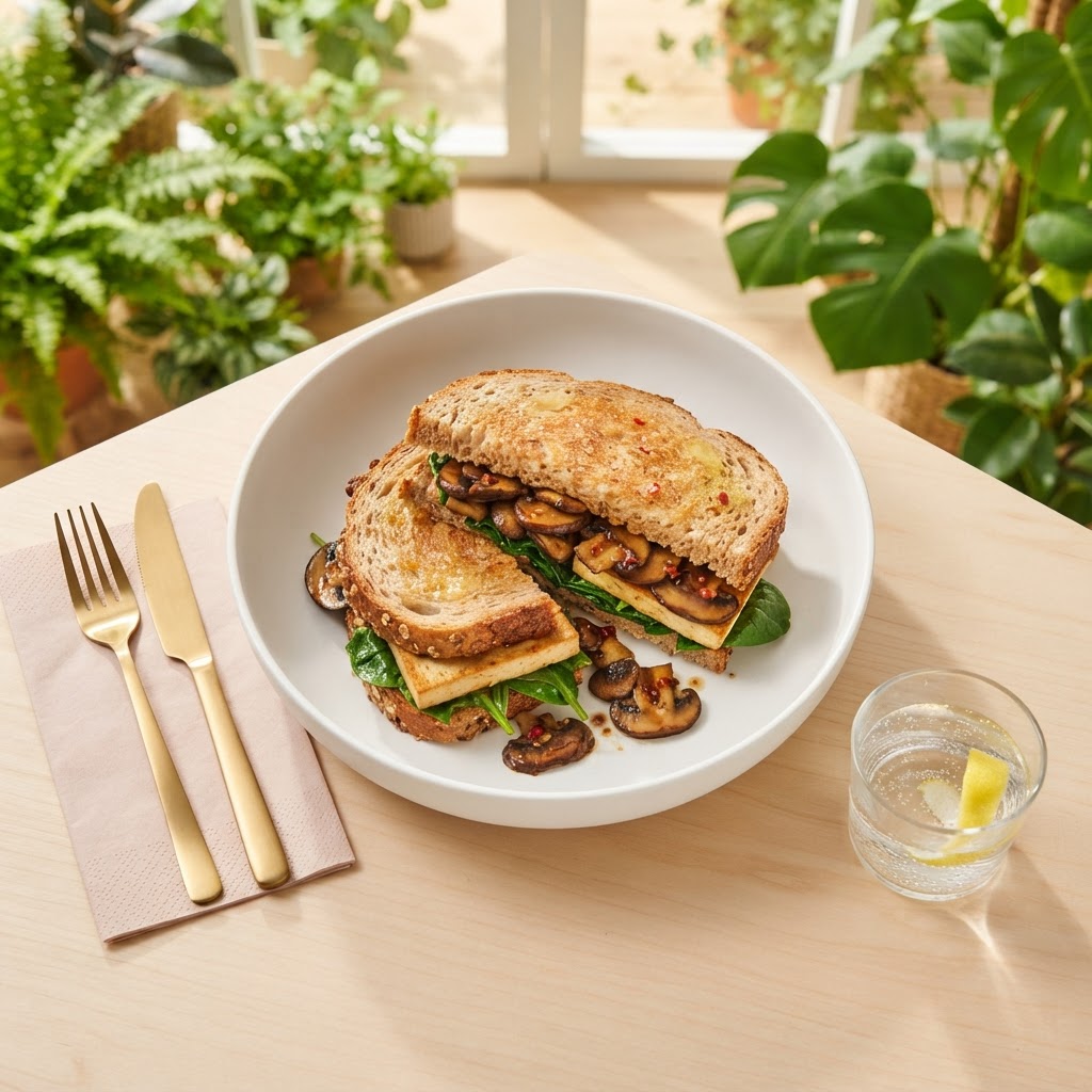 Knuspriges Frühstücks-Sandwich mit Miso-Pilzen und Spinat