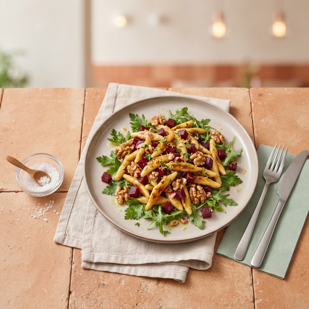 Würzige Randen-Spätzli mit knusprigen Baumnüssen