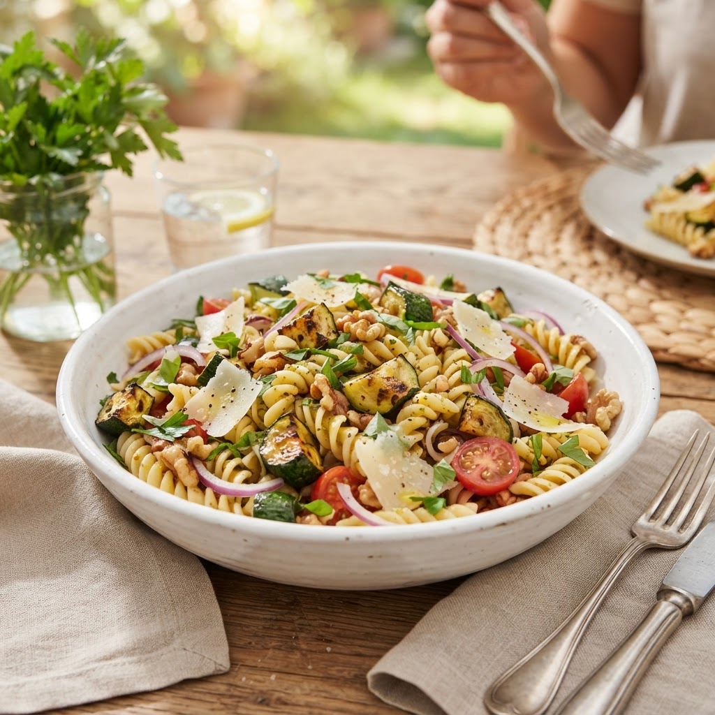 Schweizer Zucchetti-Pasta-Salat mit Sbrinz Stücken und Baumnüssen