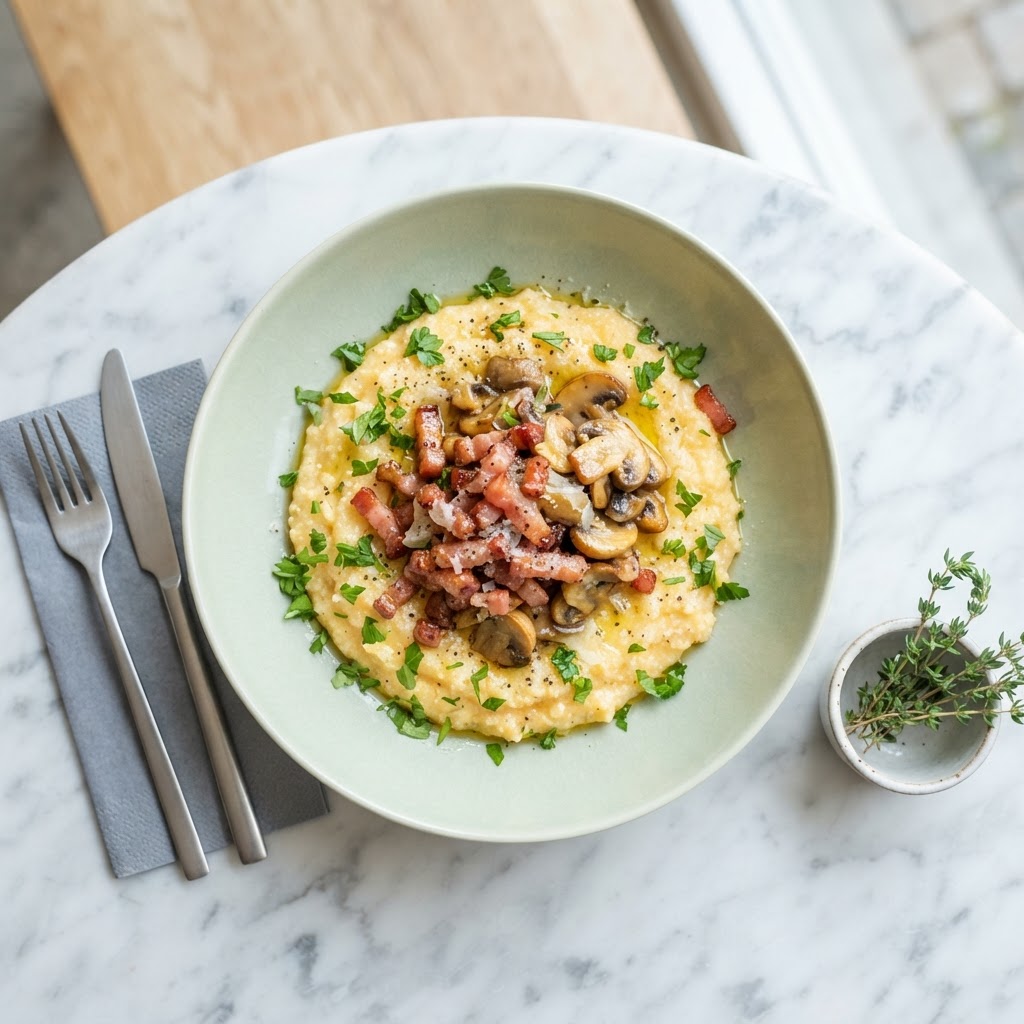 Rustikale Polenta-Pfanne mit Speck und gebratenen Champignons