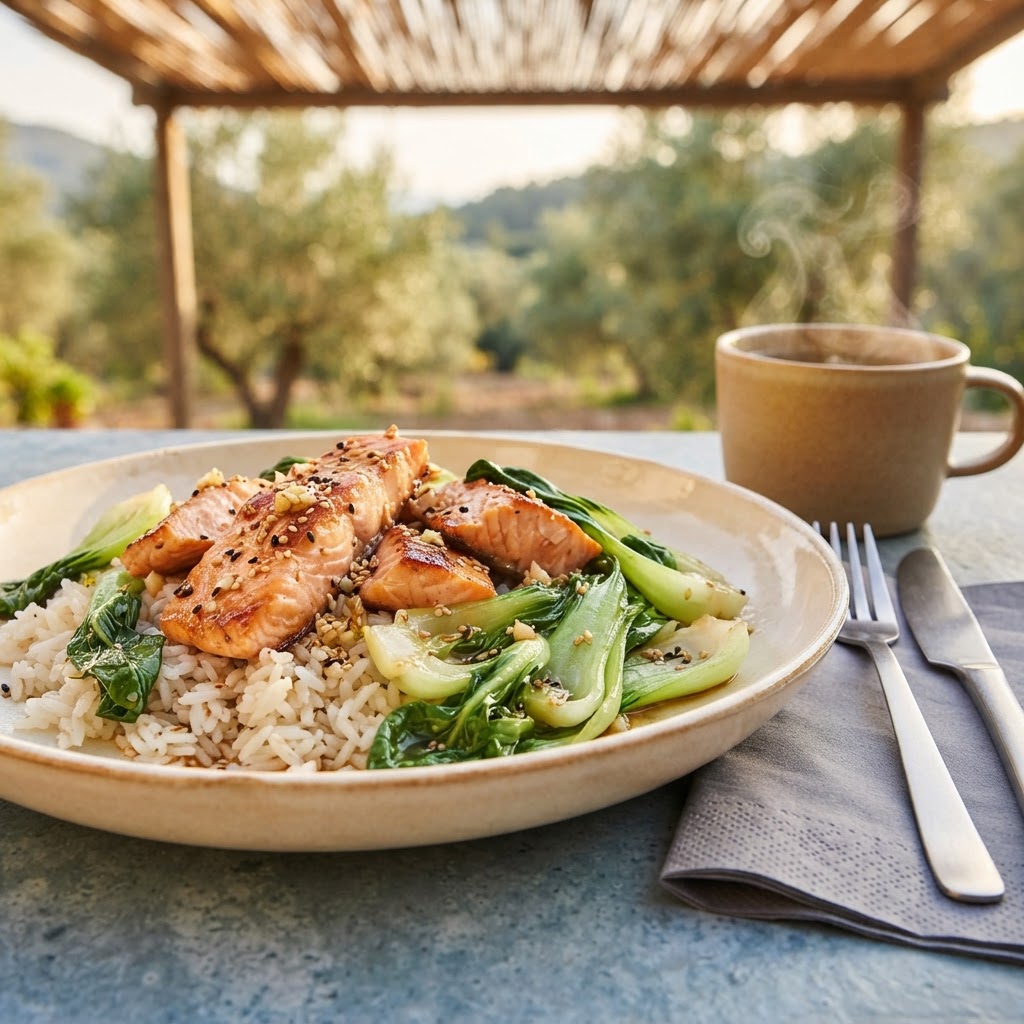 Lachs-Reispfanne mit Pak Choi und Sesam