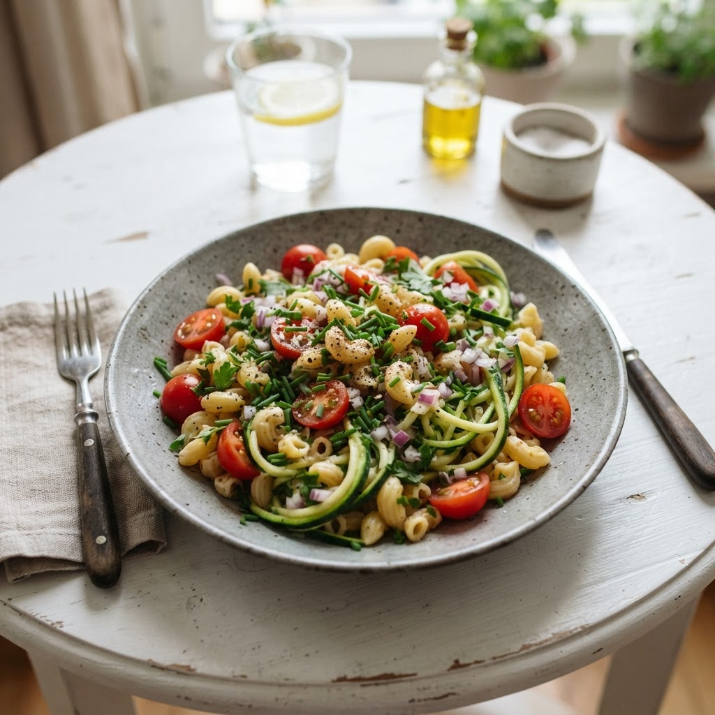Sommerlicher Schweizer Hörnli-Salat mit frischen Kräutern