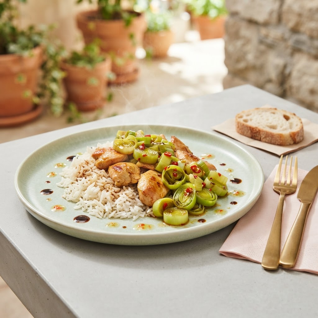 Hähnchen-Reis-Pfännli mit knackigem Lauch