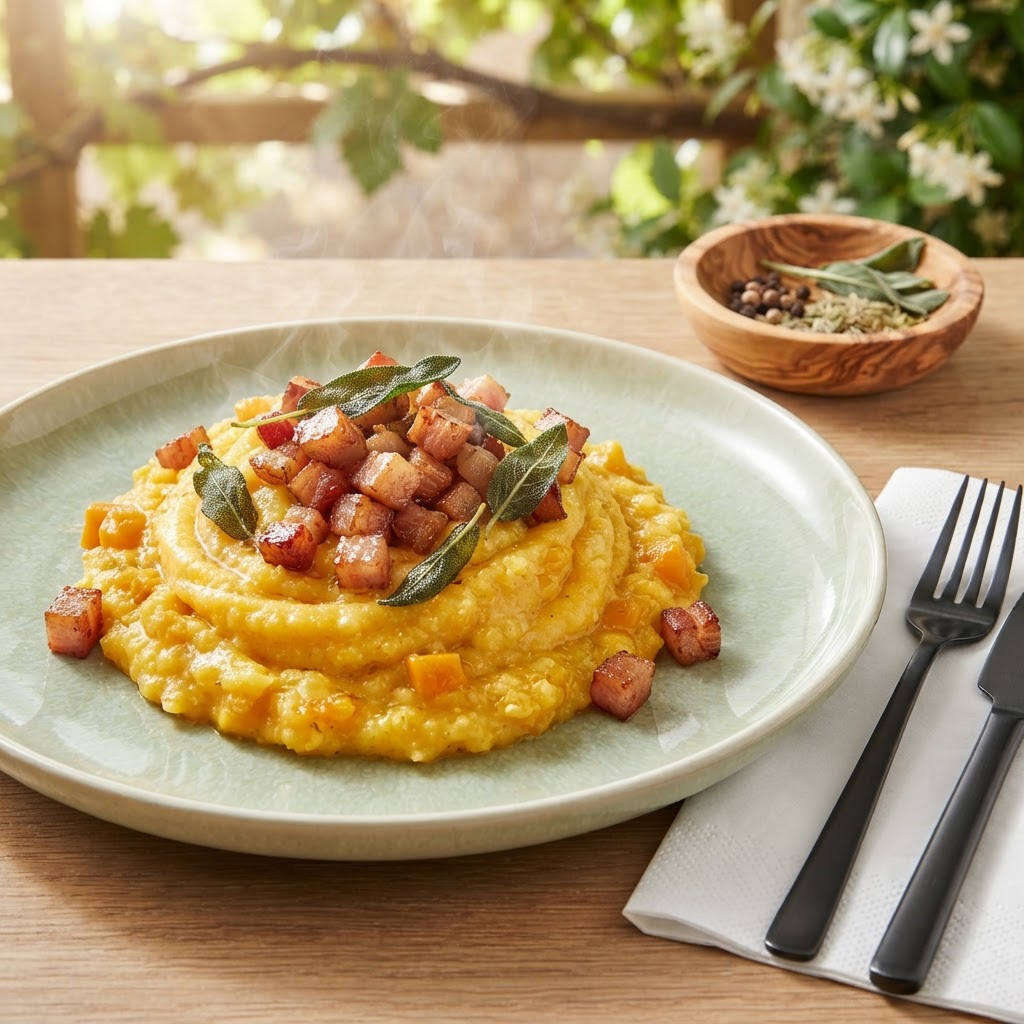 Kräftige Kürbis-Polenta mit knusprigem Speck