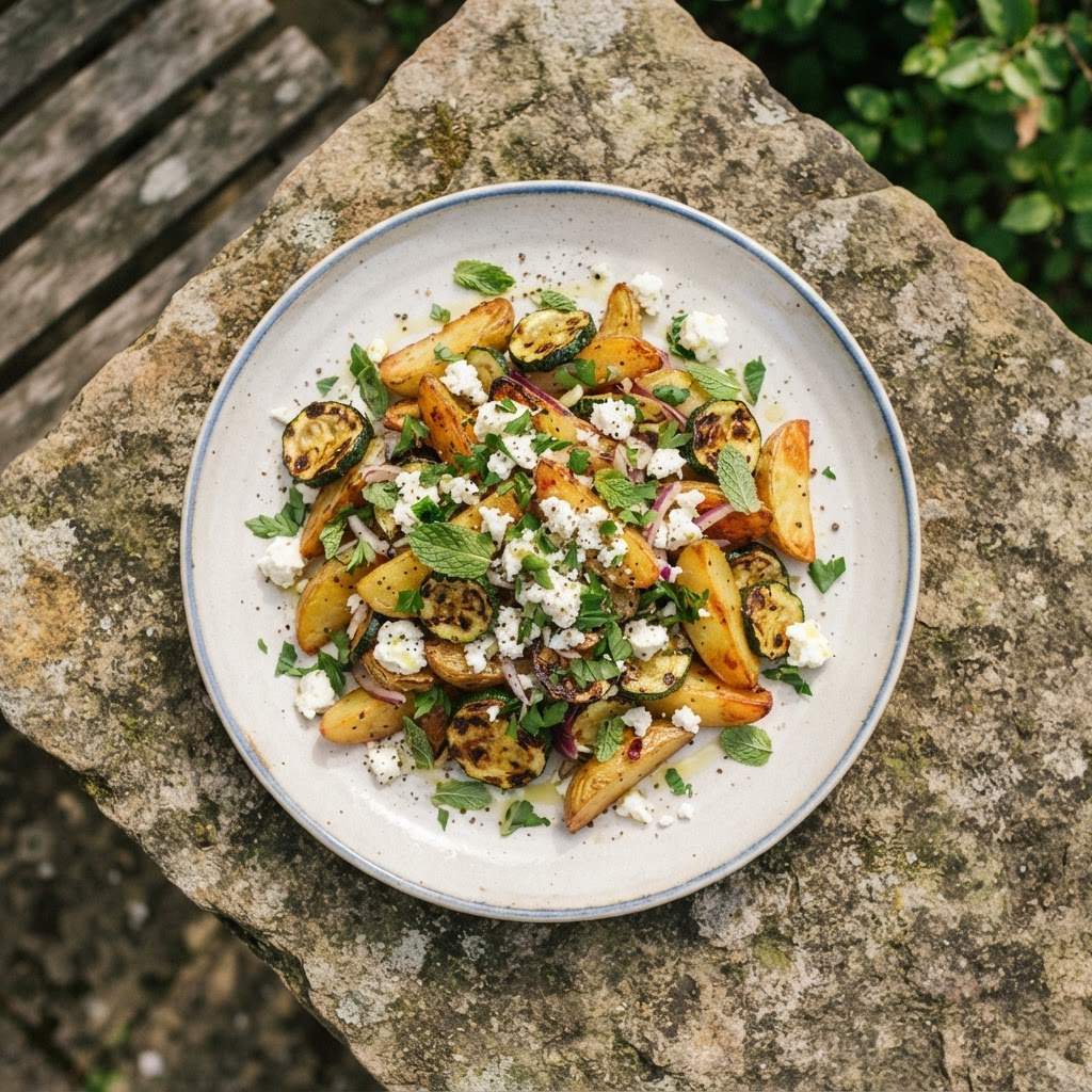 Gebratene Kartoffelpfanne mit Zucchini und Feta
