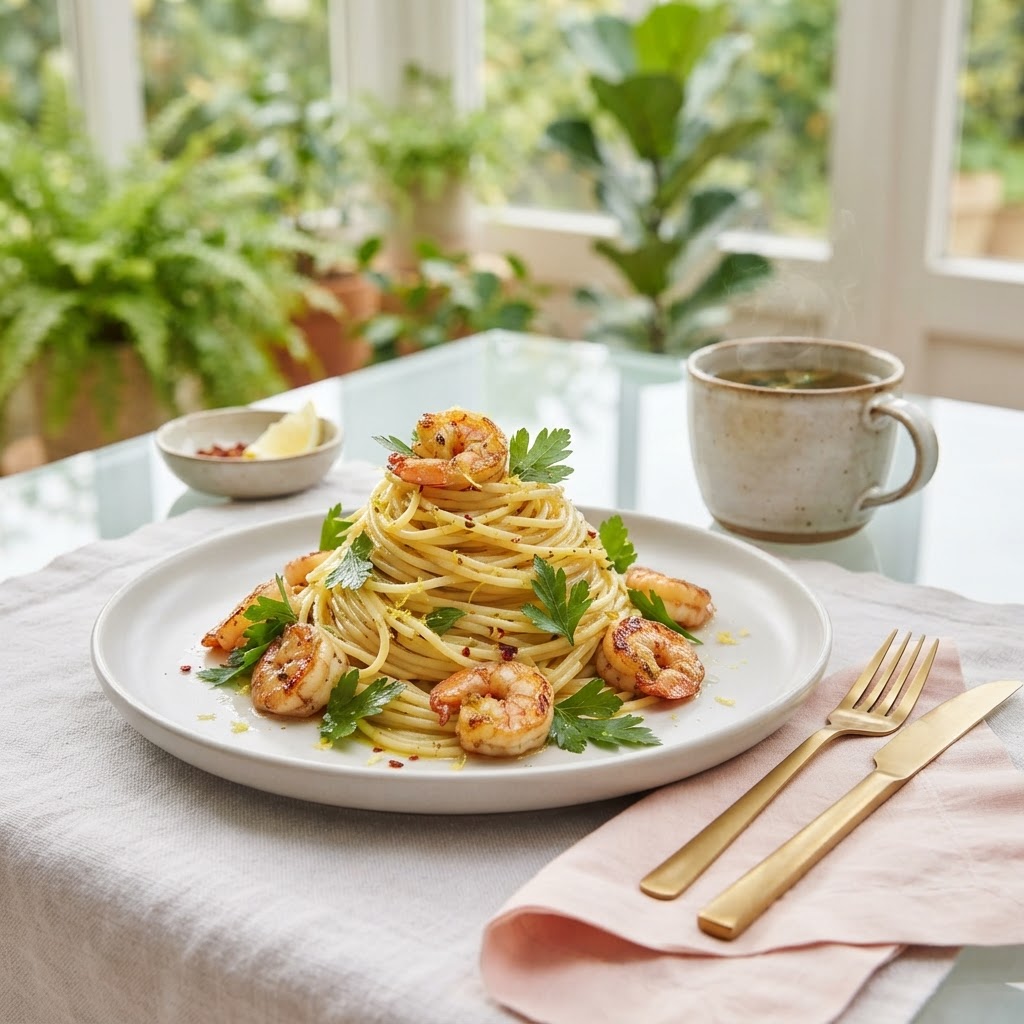 Sommerliche Zitronen-Pasta mit Garnelen und frischer Petersilie