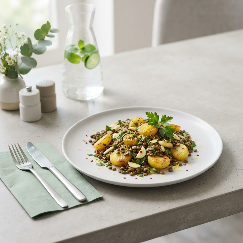 Zitronen-Linsenpfanne mit Röstkartoffeln
