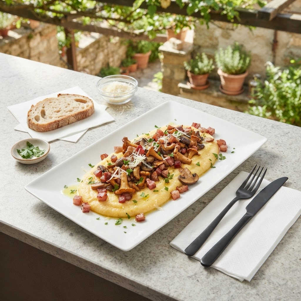 Rustikale Polenta-Pfanne mit gebratenen Pilzen und Speck