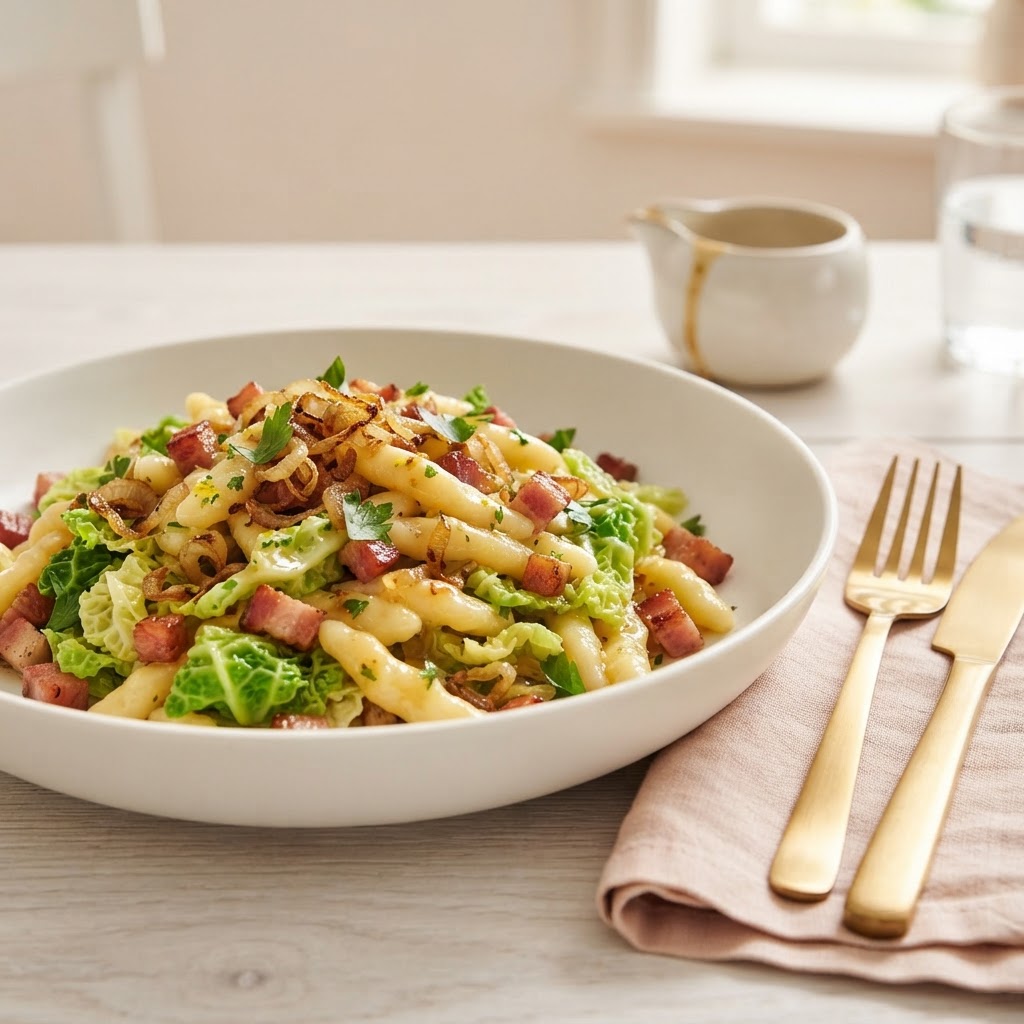 Wirsing-Spätzli-Pfanne mit Speck und Röstzwiebeln