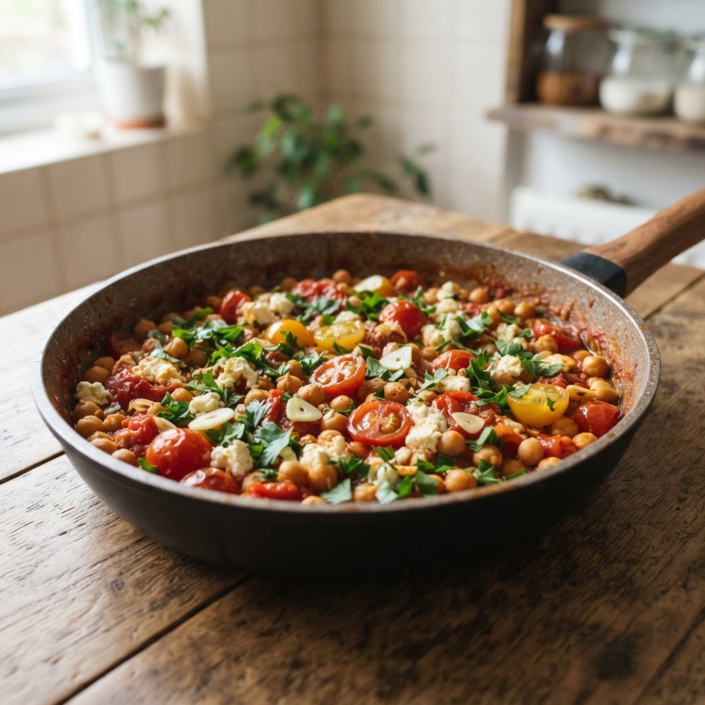 Sommerliche Kichererbsen Topf mit Tomaten und Feta