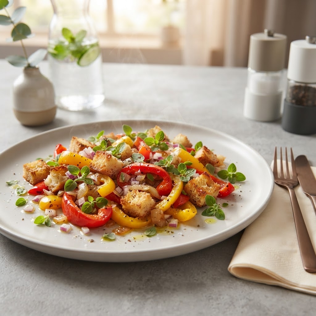 Geröstete Brot-Peperoni-Pfanne mit aromatischem Majoran