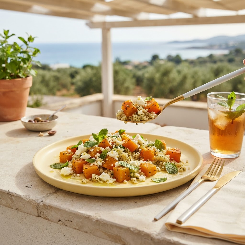 Mediterrane Kürbis-Pfanne mit würzigem Feta