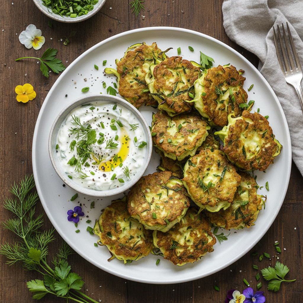Zucchini-Puffer mit Quark-Dip