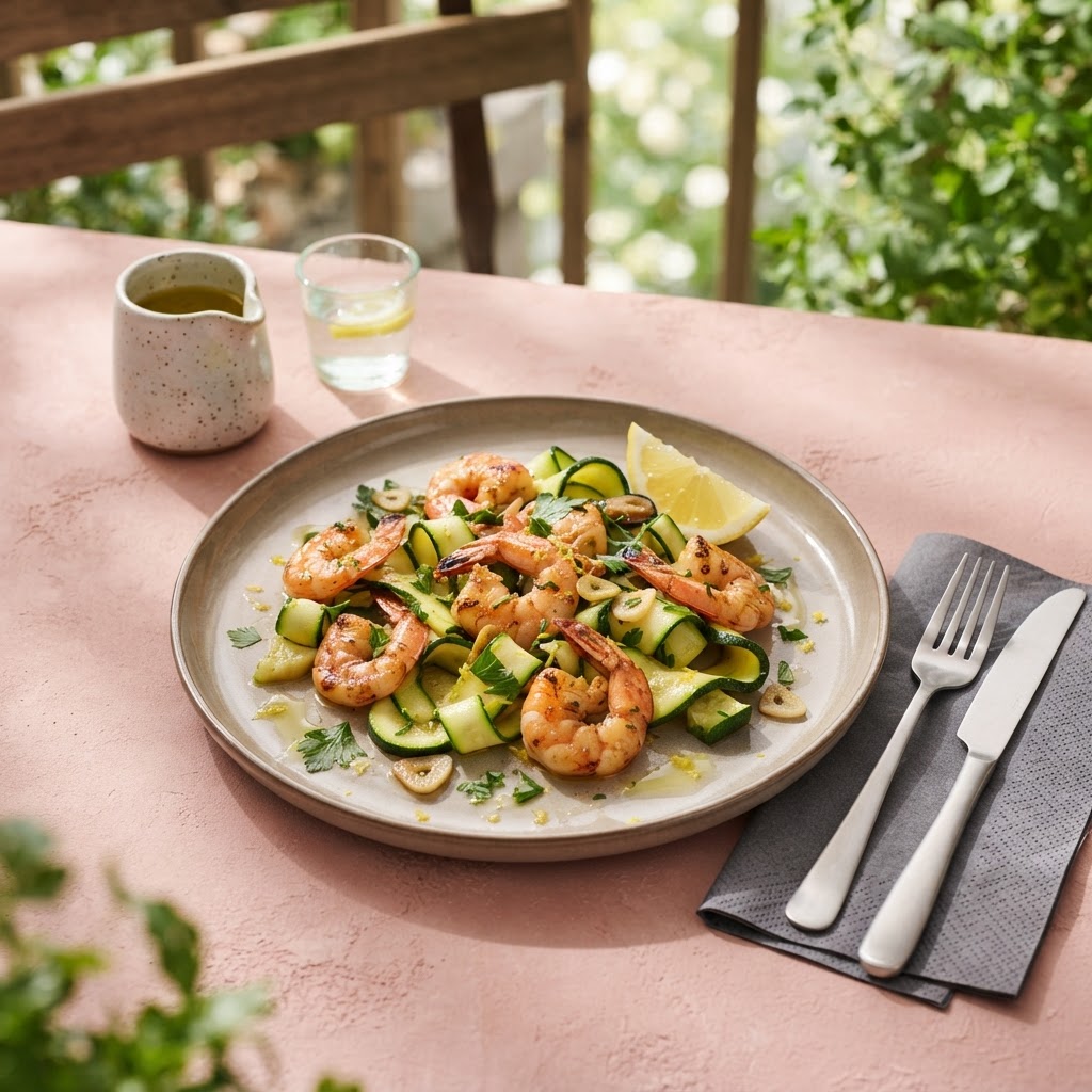 Sommerliche Zucchetti-Pfanne mit Garnelen und Zitrone