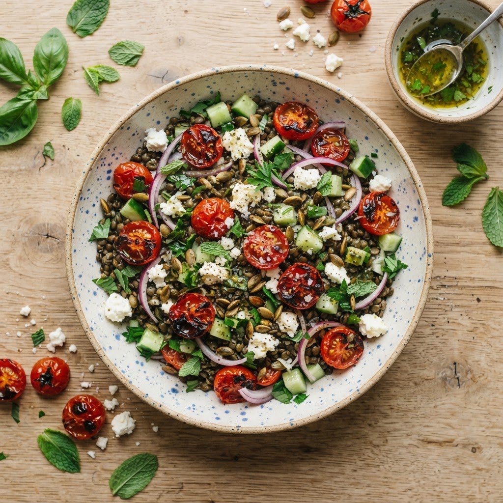 Sommerlicher Linsensalat mit gerösteten Tomaten und Feta