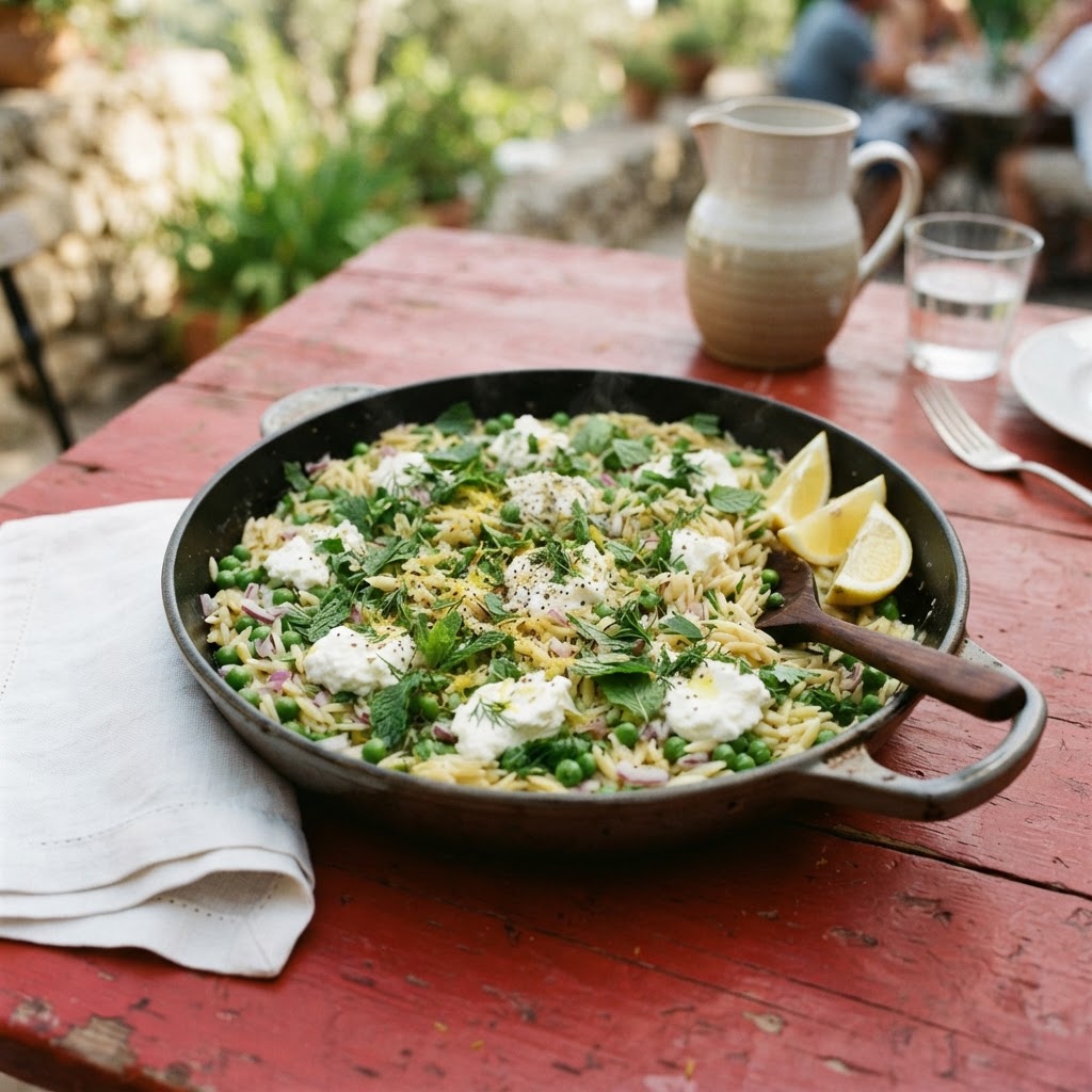 Zitroniges Sommer-Orzo mit Erbsen und Ricotta