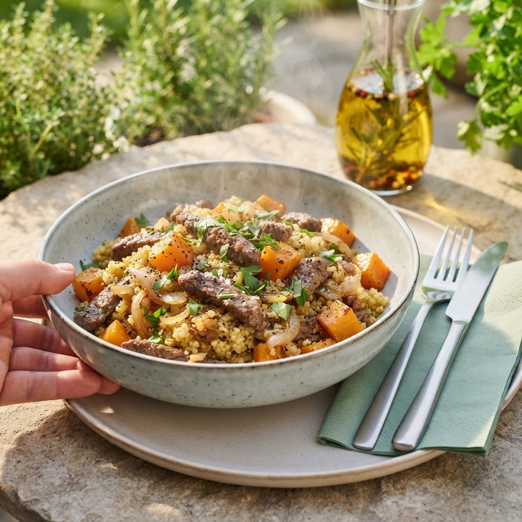 Hirse-Pfanne mit Rindgeschnetzeltes und Kürbis