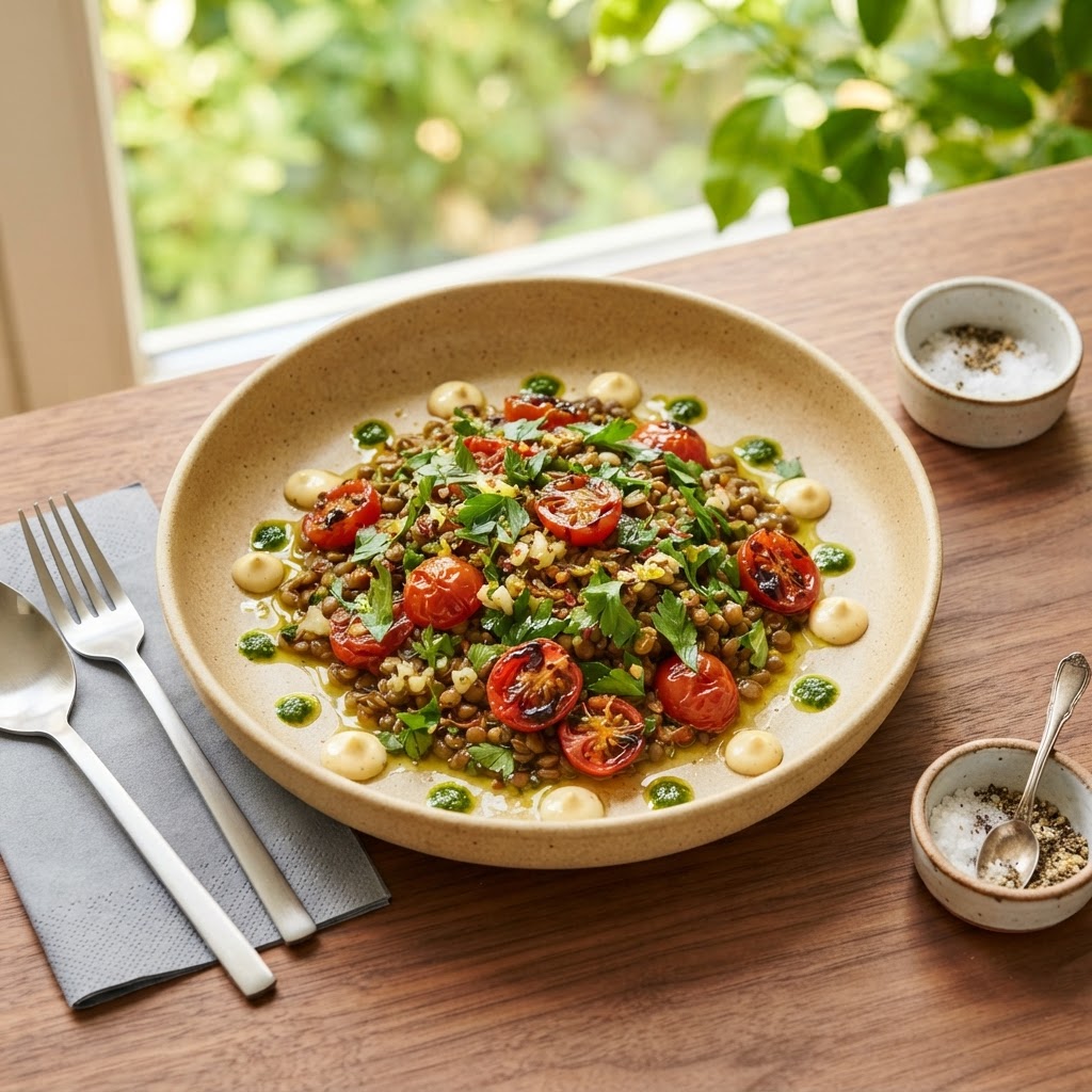 Sommerliche Zitronen-Linsen-Pfanne mit geschmorten Kirschtomaten