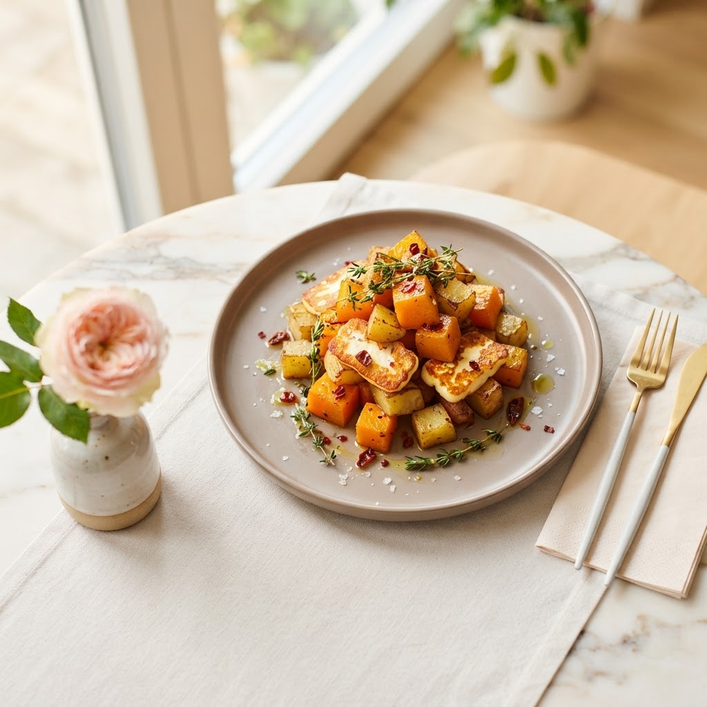 Herbstliche Kürbis-Pfanne mit würzigem Halloumi