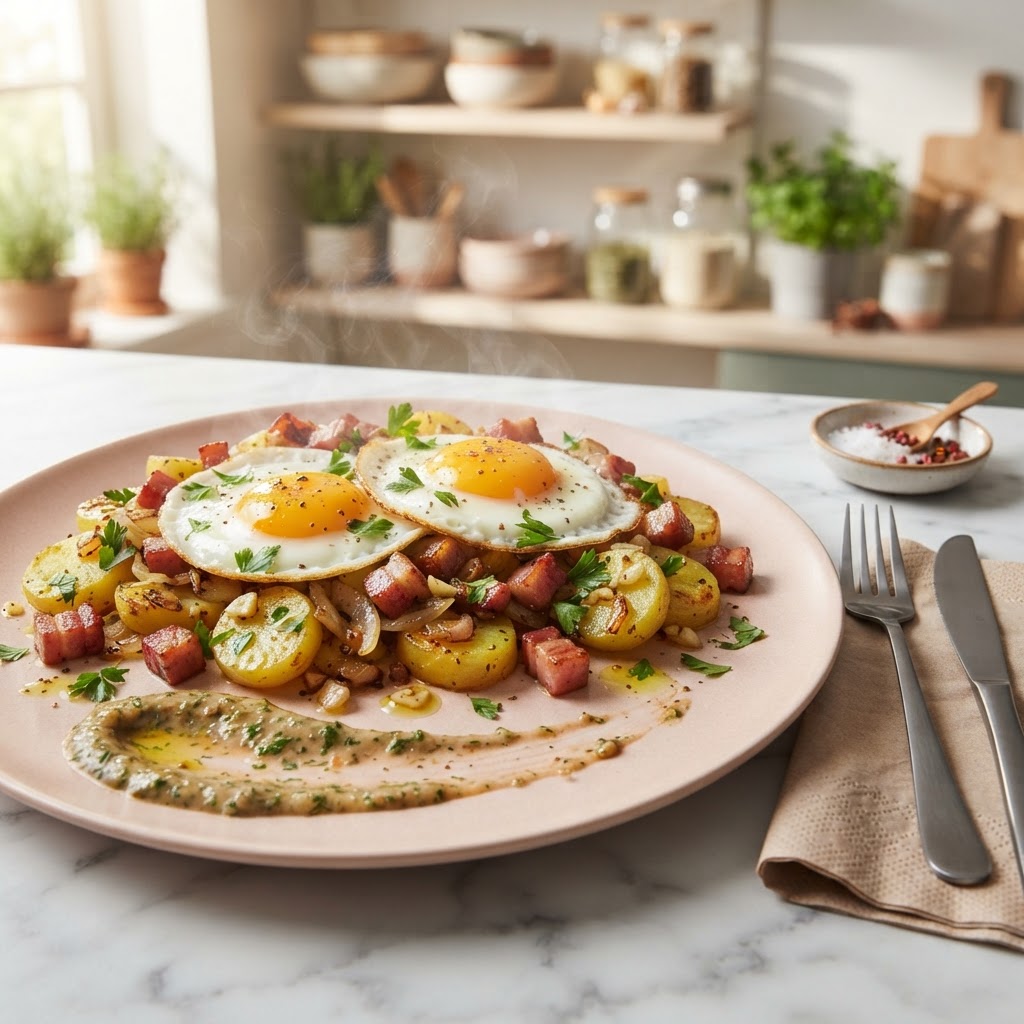 Herzhaftes Frühstücks mit Kartoffeln, Speck und Ei