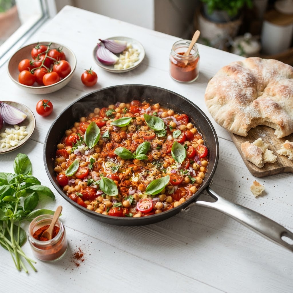 Mediterraner Kichererbsen-Tomaten-Pfanne mit Kick