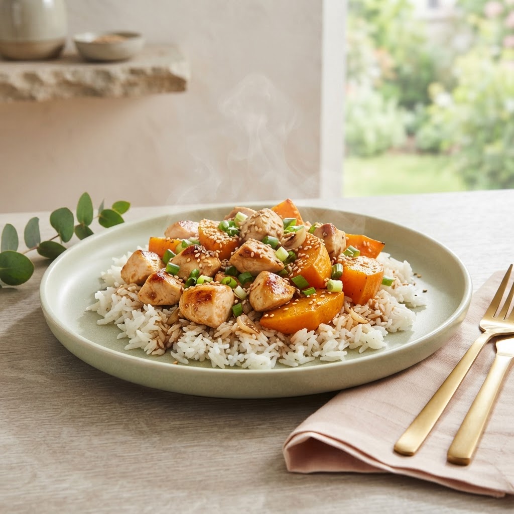Hähnchen-Reis-Pfanne mit Kürbis und Sesam