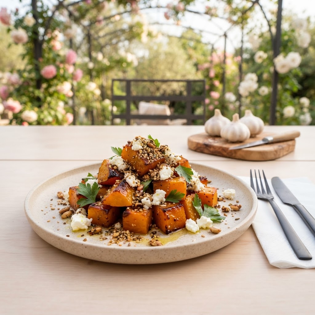 Knusprige Kürbis-Pfanne mit Feta und Dukkah