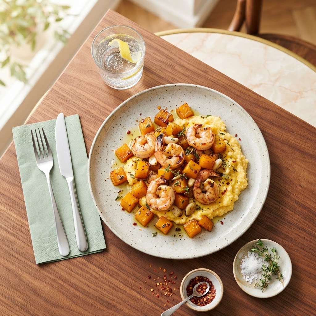 Kürbis-Pfanne mit gebratenen Crevetten und Thymian
