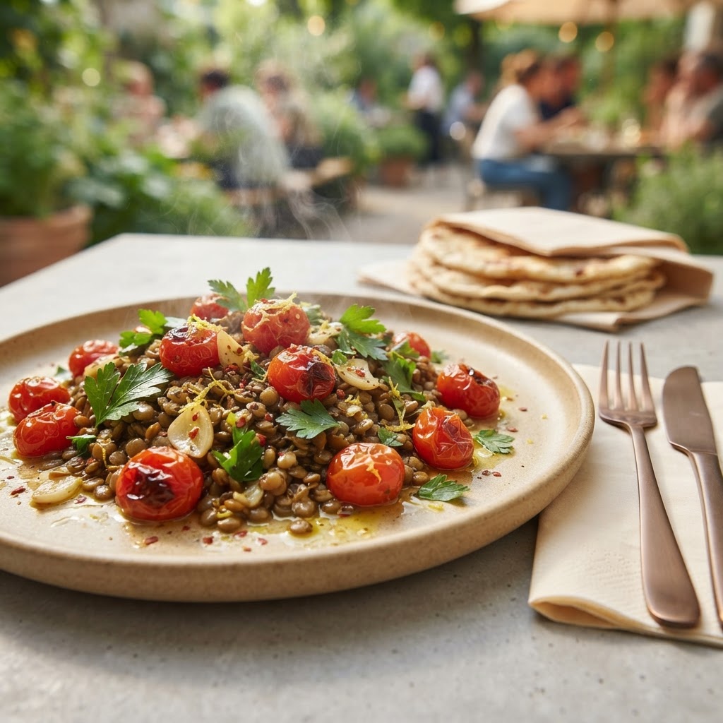 Sommerliche Zitronen-Linsen-Pfanne mit geschmorten Kirschtomaten