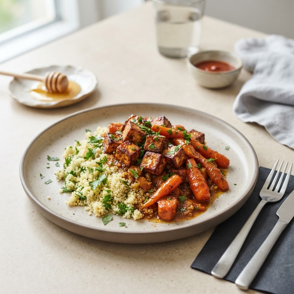 Knusprige Tofu-Pfanne mit karamellisierten Rüebli