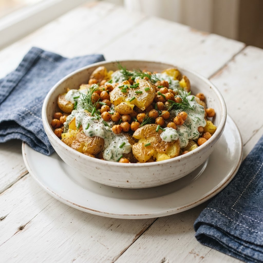 Knuspriger Smashed-Potato-Salat mit Kichererbsen und Kräuter-Joghurt