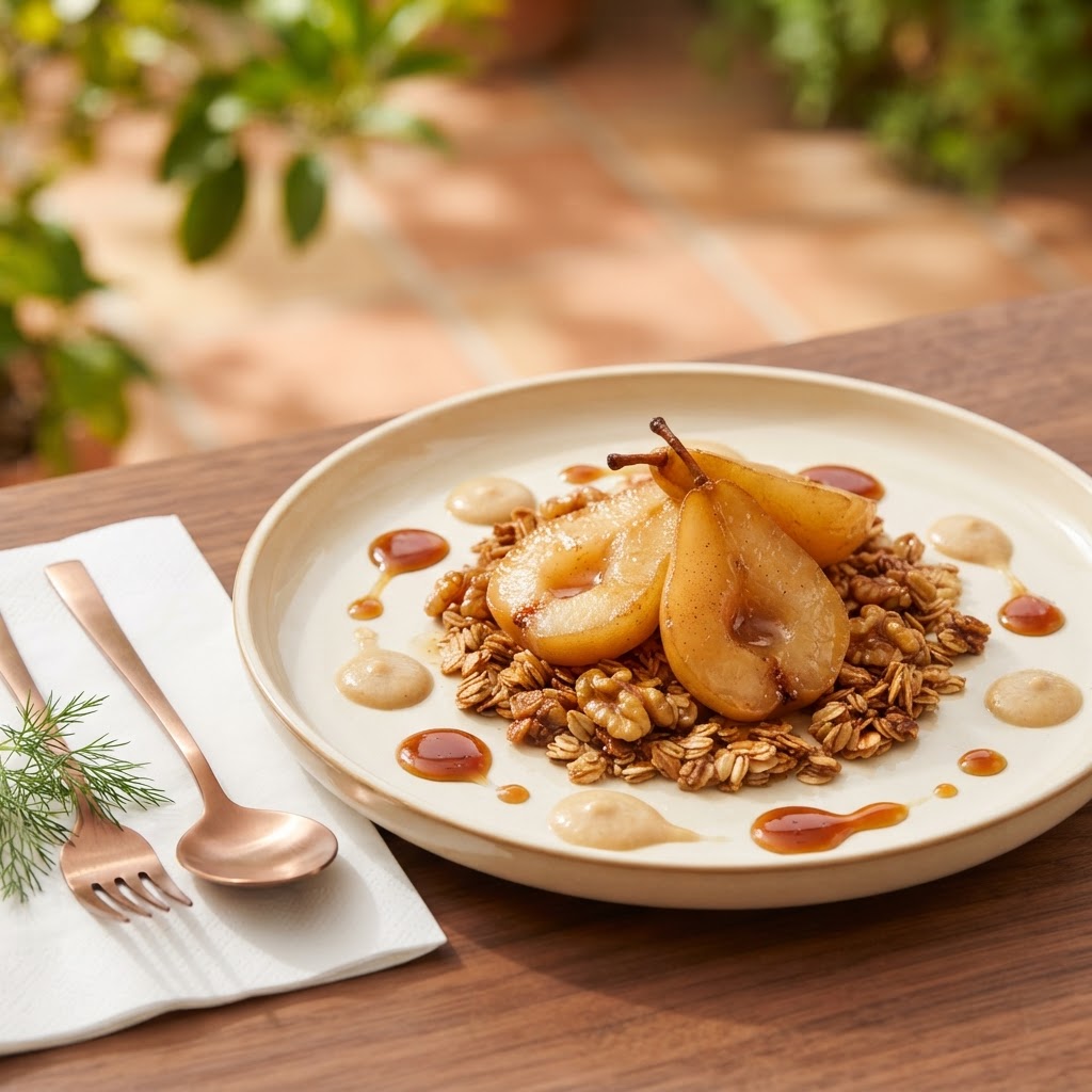 Geschmorte Birnen mit Honig-Walnuss-Crunch und Haferflocken
