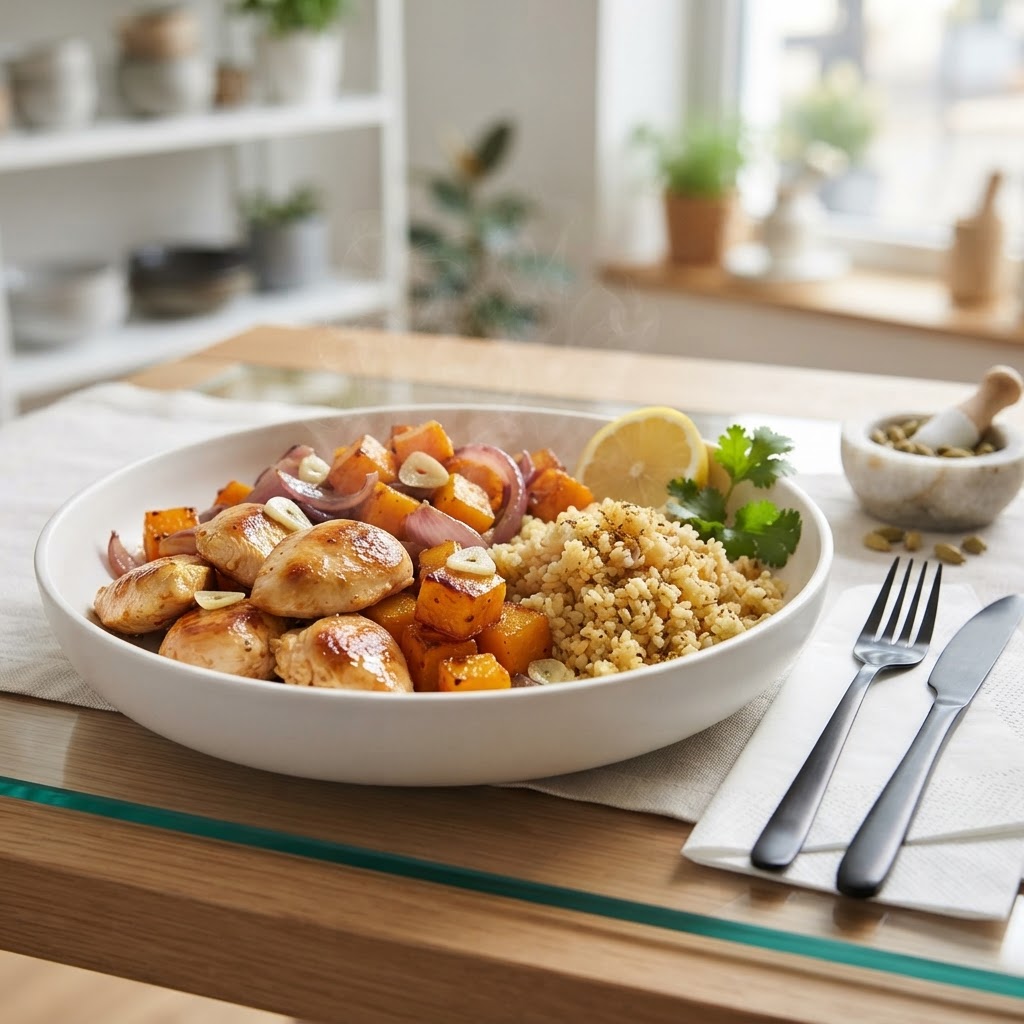 Hähnchen-Pfanne mit Bulgur und Kürbis
