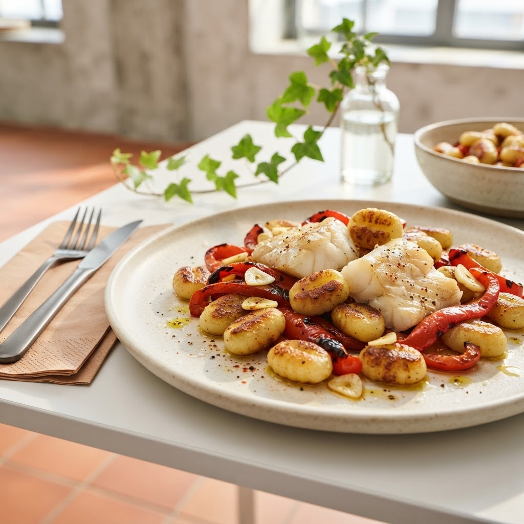 Gebratene Spanische Gnocchi-Pfanne mit knusprigem Dorsch