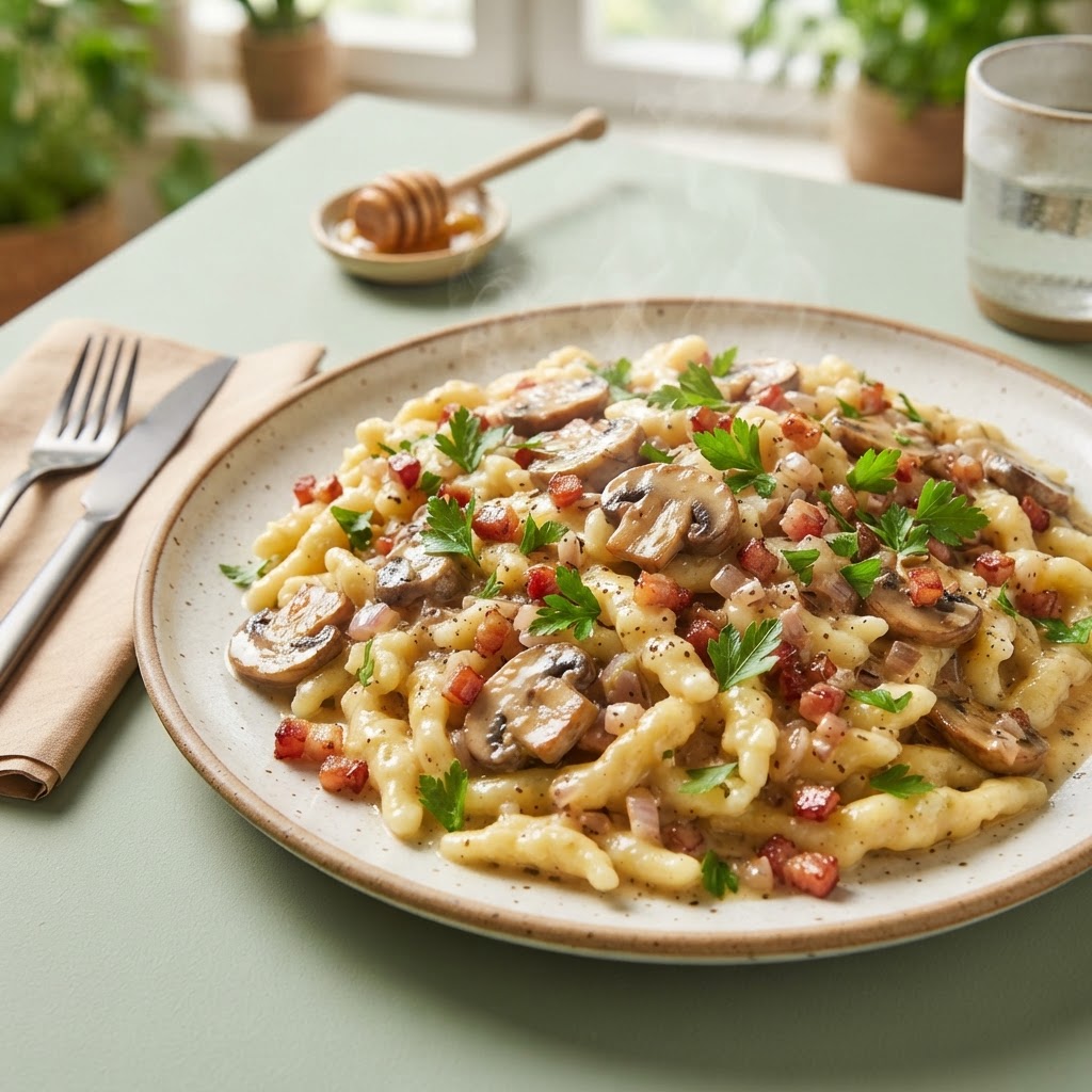 Wald-Spätzli mit Champignons und knusprigem Speck